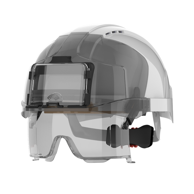 Casque-de-chantier-avec-sur-lunette-EVO®-VISTAlens®-porte-badge-ventilé-crémaillère-blanc-fumé-AMB177-T05-F00-JSP